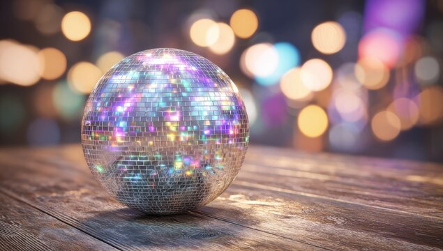 A reflective sphere with numerous facets sits atop a wooden table against a blurred background