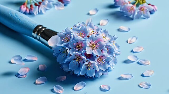 Delicate blue hydrangea bouquet resting beside a fountain pen on a blue background with scattered petals