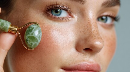 Woman Using Jade Facial Roller on Face