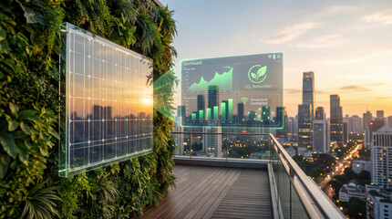 Rooftop solar panels integrated with living greenery display real time energy and sustainability data for smart cities.