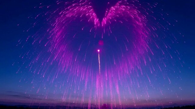 Purple heart-shaped fireworks burst against dusk sky in a festive and vibrant night celebration.