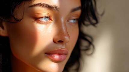 Woman Face Close-up with Blue Eyes and Sunlight