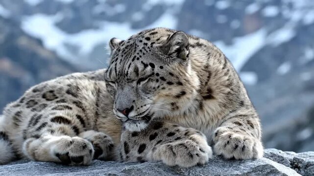 A portrait of an endangered snow leopard cub with spotted fur resting in the wild snow showcases this majestic feline predator and rare big cat in its natural mountain habitat