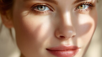 Woman Face Close-up with Blue Eyes and Smiling Lips