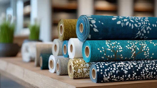 135Stylish arrangement of rolled wallpaper samples laid horizontally and vertically, showcasing diverse patterns and color palettes, fine paper texture and print details in sharp focu