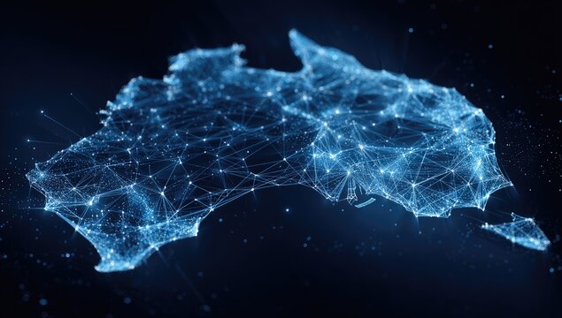 Digitally rendered illustration of Australia's outline overlaid with connected nodes