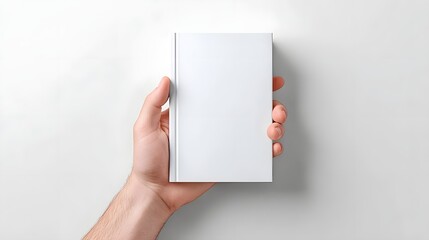 Obraz premium A person s hand is shown holding an empty white book cover against a simple light colored studio background perfect for showcasing custom design or branding