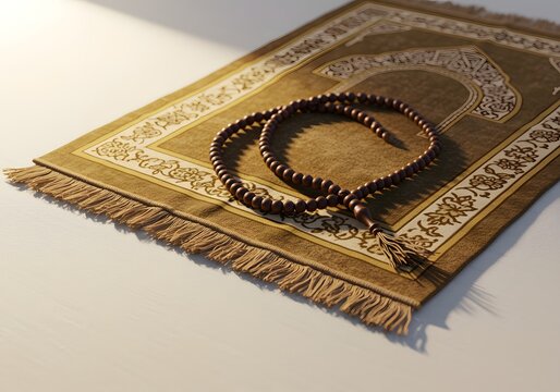 Islamic prayer rug with wooden prayer beads placed on top creating a religious scene