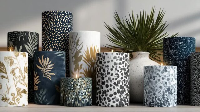146Contemporary interior styling concept with patterned wallpaper rolls arranged symmetrically, diverse motifs ranging from botanical to abstract, controlled studio lighting, neutral