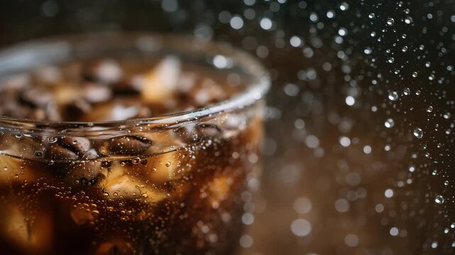 153Photorealistic close-up of a chilled cold brew coffee mug, crisp condensation droplets reflecting light, smooth glass texture and deep coffee hues, minimal composition, moody backg