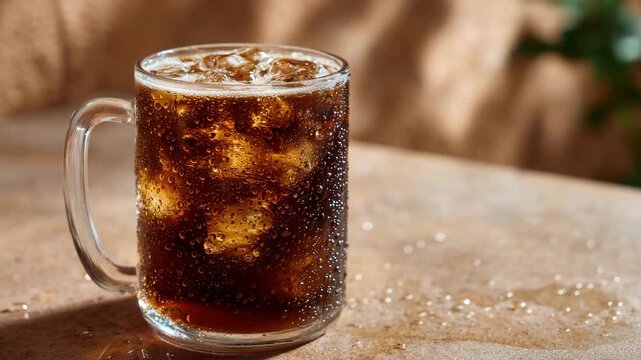 160Studio macro photograph of a refreshing cold brew coffee mug, condensation creating a cool misty effect, deep brown liquid glowing under soft highlights, elegant minimal background