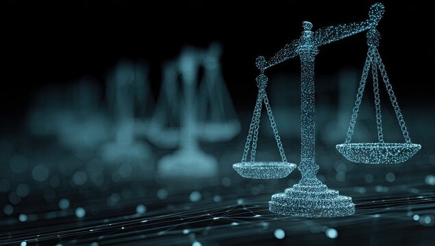 Digitally rendered scales of justice, composed of points, with others blurred in background