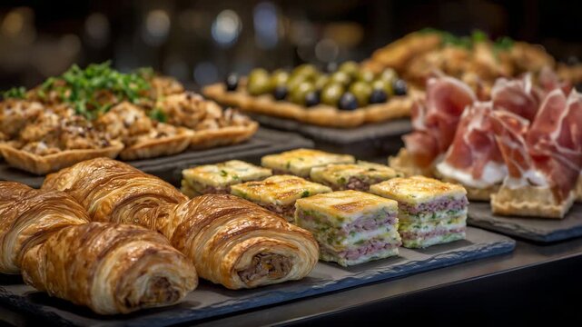 181Cinematic food composition of assorted catering appetizers arranged for a stylish event, flaky sausage rolls, colorful mini sandwiches, golden quiche bites, and cured prosciutto ri