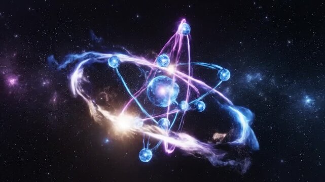 Vibrant glowing atomic structure with orbiting electrons and energy beams