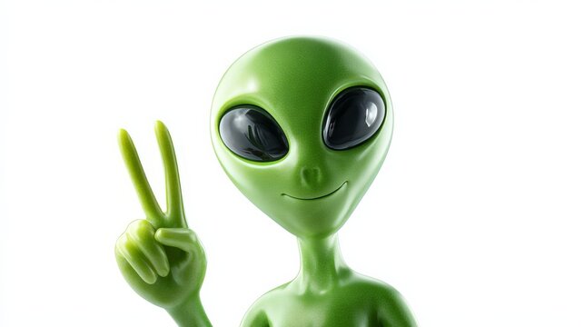 Friendly green alien with peace gesture on white background