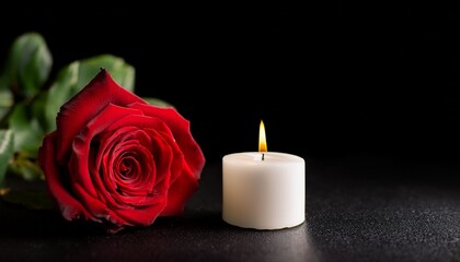 Fototapeta premium the concept of remembrance funerals and condolences candle and red rose on black background free space for text funeral flowers grief death loss ceremony floral sadness cemetery mourning dead