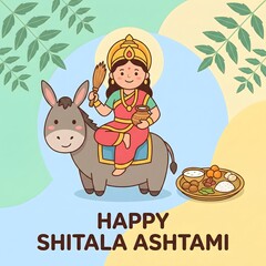 Fototapeta premium Cute cartoon of Goddess Shitala riding a donkey, holding a broom and pot, with a plate of food, celebrating Shitala Ashtami