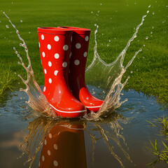 Botas de agua rojas con lunares blancos