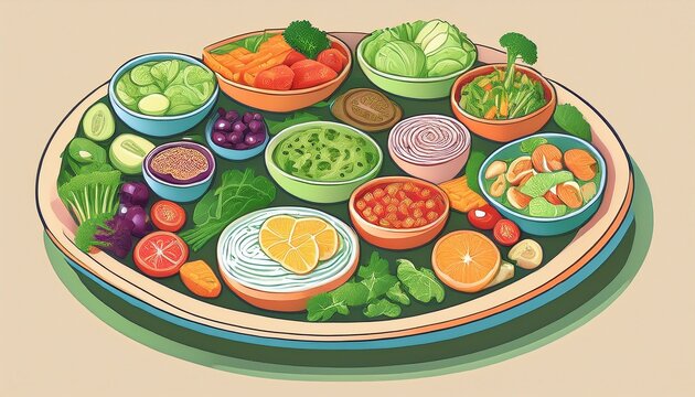 various salads vegetarian combination food graphic representation of a healthy plate with portion sizes for balanced meals promoting nutritional guidelines for stroke prevention