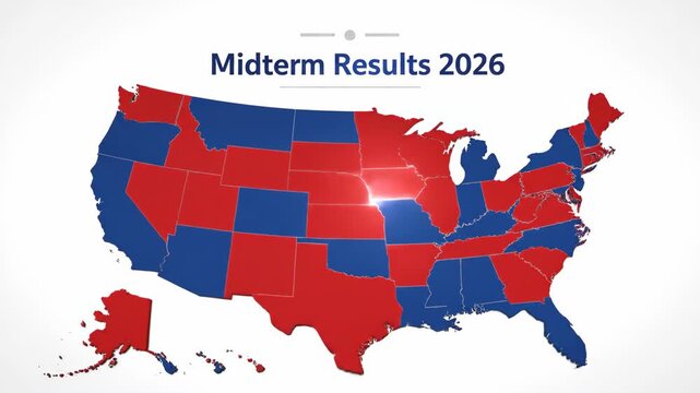 Animated USA map showing midterm election results for 2026, transitioning from initial sparse votes to a complete red and blue outcome.