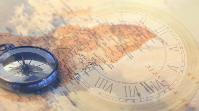 Camera panning and zooming, map with blue compass revealing regions to evoke navigation and time