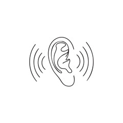 Line drawing of human ear with sound waves illustration