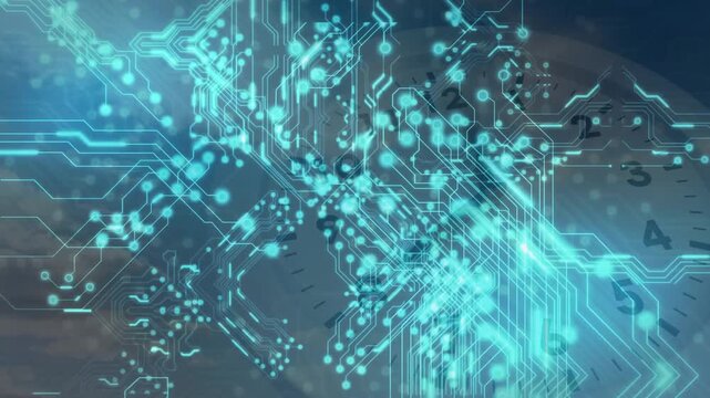 Cyan circuit overlay pulsing from center, expanding, lighting nodes and revealing clock face