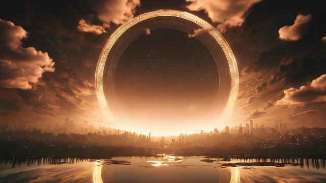 Futuristic City with Massive Glowing Portal in the Sky
