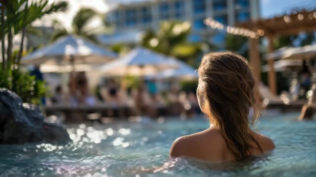 223Modern resort lifestyle image showing a girl in back view in a pool, gentle water ripples around her, background of families and friends enjoying amenities, poolside umbrellas and