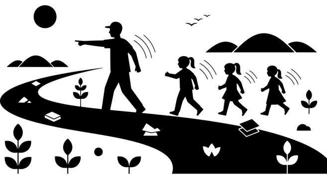 A man guides children along a winding path towards education and discovery Vector