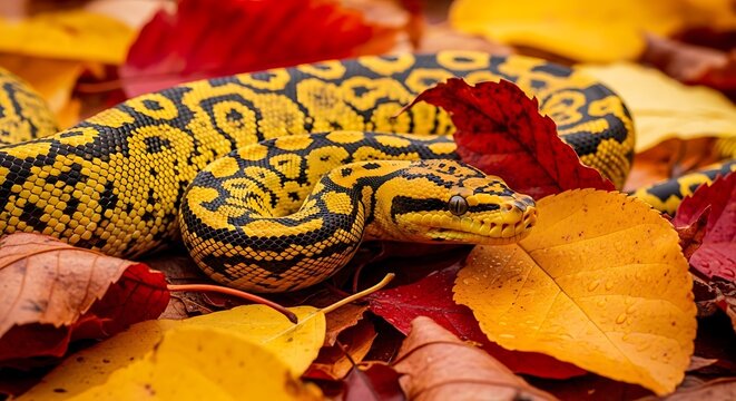Brightly colored python resting amidst a scattering of colorful foliage