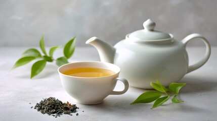 White teapot and cup with loose green tea leaves on light background