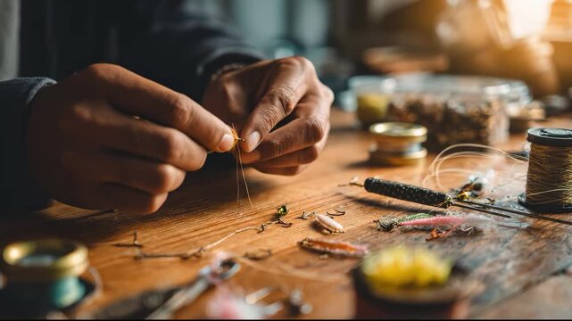 Angler hands tying fly fishing lure on wooden table