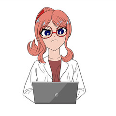 ノートパソコンで作業をしている白衣を着た女性