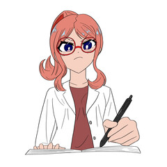 ノートにメモを取っている白衣を着た女性