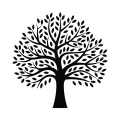 Fototapeta premium Simple black silhouette of a full leafy tree with a thick trunk