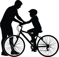 Obraz premium Silhouette of an teaching a child to ride a bicycle with support and guidance learning