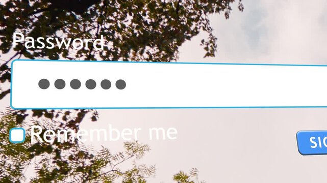 User types a password into the website form box displayed on a computer screen. The action takes place in an internet browser with tree branches in the background.