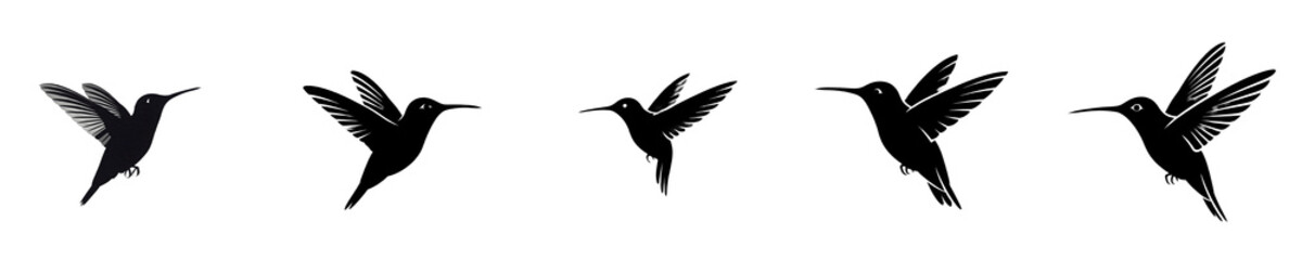 Obraz premium isolated Set of black hummingbird silhouettes in various flying poses, isolated onwhite background PNG, high-quality file pro stock/.