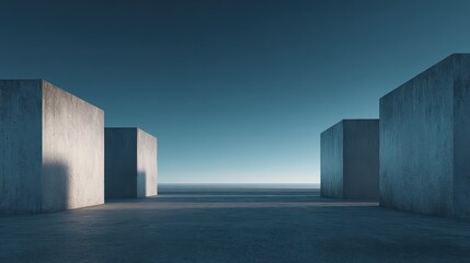 Minimalist Abstract Landscape with Concrete Structures and Blue Sky