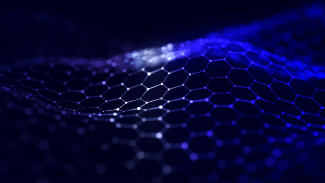 A blue hexagonal grid undulates smoothly, like a living digital fabric. A futuristic hexagonal background. Glowing nodes are connected by lines, forming a honeycomb structure.