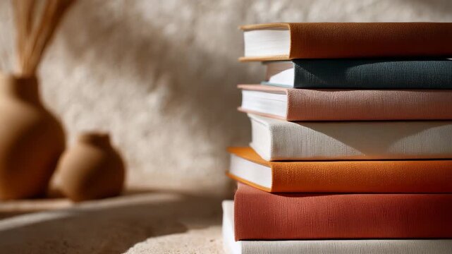 A stack of hardcover books arranged neatly on a solid cream background, warm lighting, textured book covers highlighted