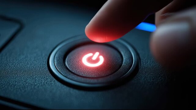 Finger pressing glowing red power button starting device