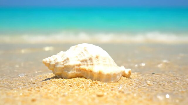 White seashell on a sandy beach sequence with ocean waves. Summer vacation concept with sea mollusk on tropical shore.