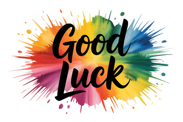 Naklejka premium A colorful graphic with the words 'Good Luck' written in black cursive font on a rainbow-colored paint splatter background.