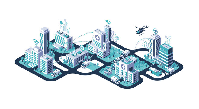 Isometric cityscape with modern buildings and transportation.