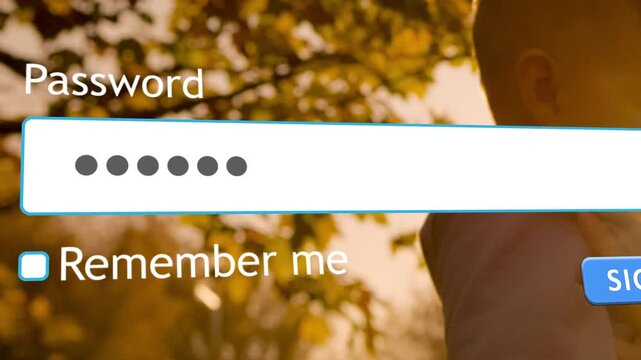 A user enters a password into a website form box on the computer. A mother and child are in the background, engaged in their own activity during the process.