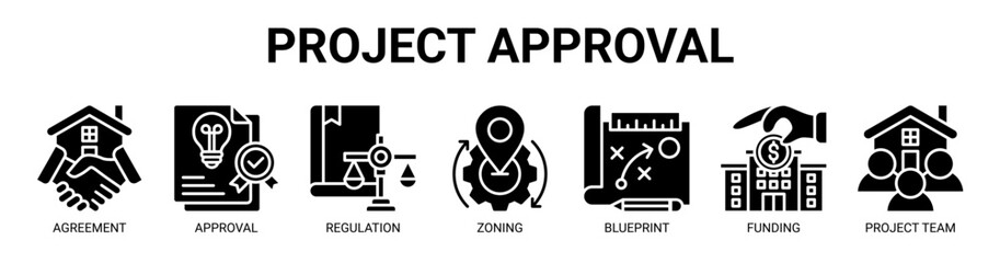 Fototapeta premium Project Approval web banner icon vector illustration concept with icon of agreement, approval, regulation, zoning, blueprint planning, funding, and project team.
