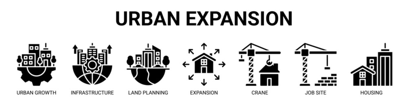 Urban Expansion web banner icon vector illustration concept with icon of urban growth, infrastructure, land planning, expansion, crane, job site, and housing. 