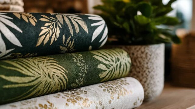 Artistic interior decor composition featuring rolled wallpapers stacked and angled creatively, bold patterns contrasting with subtle neutral designs, soft daylight illumination, mo